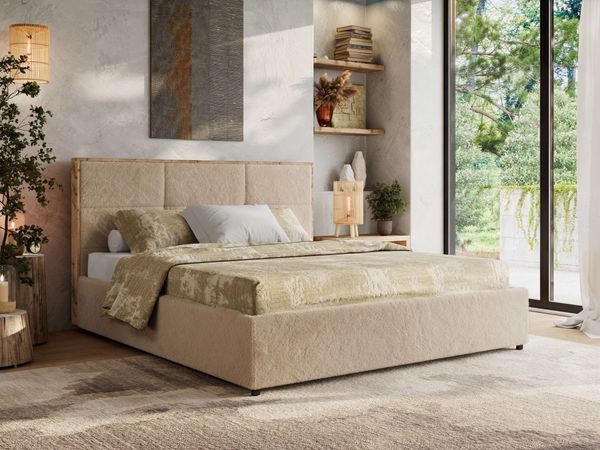 Premium Polsterbett LERIO CLASSIC 200 x 200 cm mit Stauraum, gepolstertem Kopfteil, Gasdruckfedern & Lattenrost - Modernes Design, Inkl. Lattenrost Pocket Matratze - Beige Plüsch - VIRE LUX