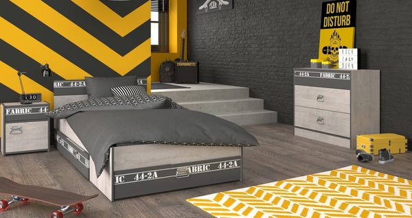 Jugendzimmer-Set >Fabric 14< (3-teilig) Bett, Nachtkonsole, Kommode, in Esche Grau Dekor