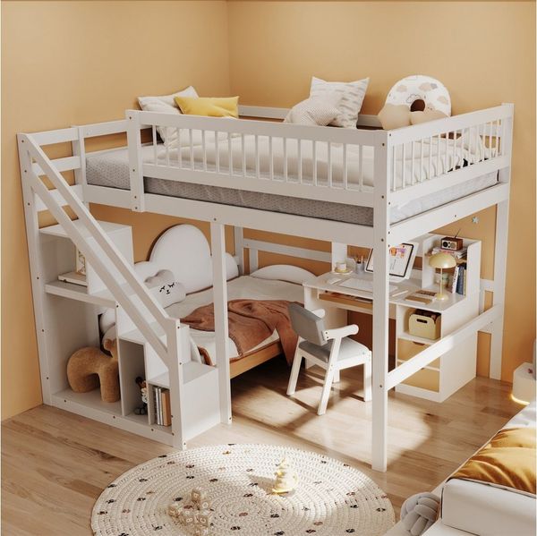 Flieks Hochbett Massivholz Doppelbett Kinderbett 140x200cm mit Stauraumtreppe