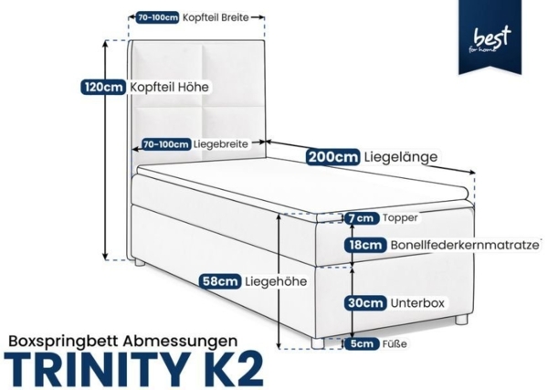 Best for Home Boxspringbett mit Bettkasten Trinity K-2 SINGLE Bonellfederkern inkl. 7 cm Topper (70x200 80x200 90x200 100x200 cm), verschiedene Liefermöglichkeiten, TOP Preis-Leistungs-Verhältnis Bild 2