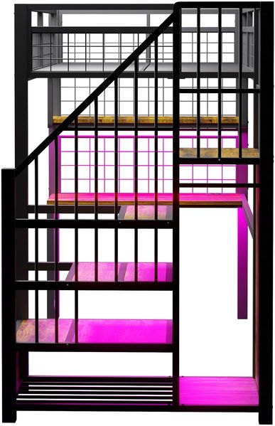 Merax Hochbett 90 x 200 cm, Einzelbett, Kinderbett, Mit Lichtleiste und Ladebuchse, Mit Stauraumleiter und einfachem Kleiderschrank, Komplett mit Regalen, Schreibtisch und Gitterregal, Schwarz Bild 7