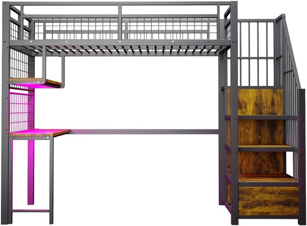 Merax Hochbett 90 x 200 cm, Einzelbett, Kinderbett, Mit Lichtleiste und Ladebuchse, Mit Stauraumleiter und einfachem Kleiderschrank, Komplett mit Regalen, Schreibtisch und Gitterregal, Schwarz Bild 8