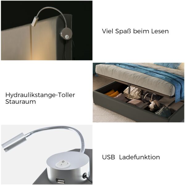 Merax Polsterbett Doppelbett Stauraum Bettkasten Leselicht mit USB Ladefunktion Kopfteil,Stauraumbetten Bettgestell PU Jugendbett 140x200 mit lattenrost(Ohne Matratze) Grau Bild 10