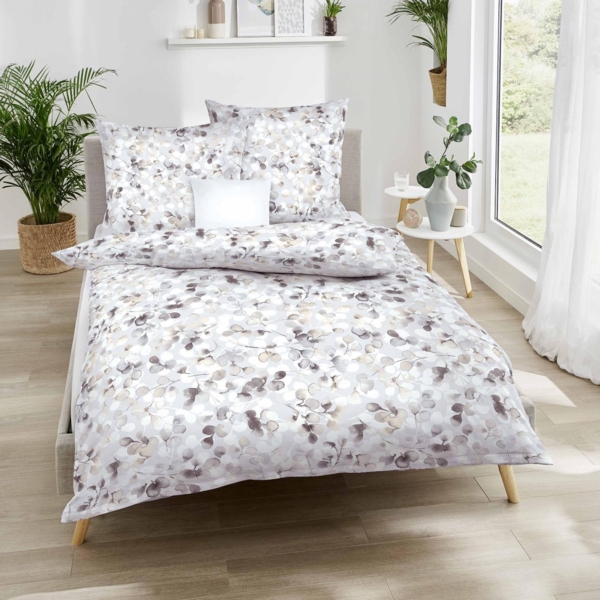 Bettwäsche Kaeppel Satin 565-639 Stein grau beige Blätter 135x200