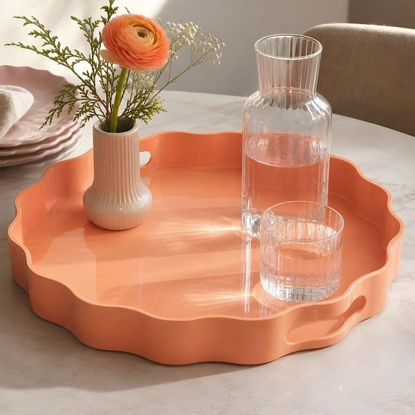 Levandeo® Tablett Deko Tablett mit Griffen 33cm Rund Pastell Apricot Serviertablett Well