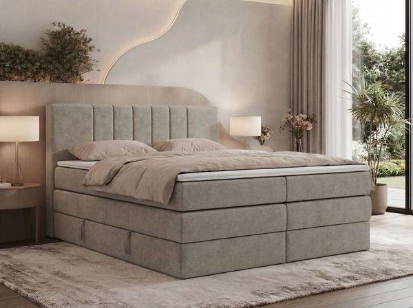 Boxspringbett INERO KING, 7 -Zonen-Multipocket-Matratze H4 und Topper Visco, zwei Bettkästen, Doppelbett, Stauraum - 200x200 - Greige Stukture