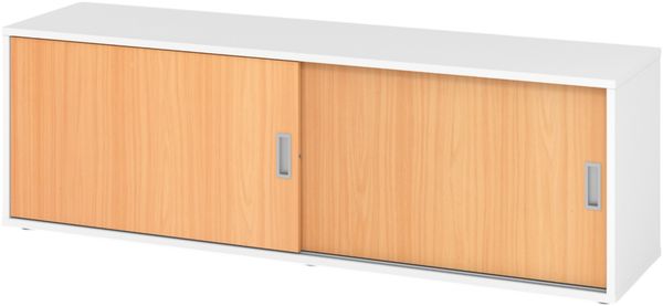 bümö Lowboard Schiebetürenschrank in Weiß/Buche - Büromöbel Sideboard aus Holz, 160 cm breit, Büroschrank nur 40 cm schmal, Büro Schrank mit Schiebetüren für Ordner & Co, 1750S-W-6