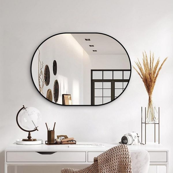 Boromal Spiegel Flur Rund 80 cm Wandspiegel Schwarz 50x80cm mit Alu Rahmen (Flurspiegel Rundbogen, 5mm HD spiegel, explosionsgeschützt), für Schlafzimmer, Badezimmer, Wohnzimmer