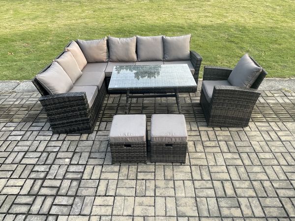 Fimous 9 Sitzer Gartenlounge Set Rattan Ecksofa Set mit 2 kleine Fußhockern Dunkelgrau gemischt