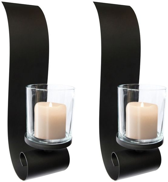 2er Set Wandkerzenhalter Metall Kerzenhalter mit Glas Wanddeko Wandlicht schwarz