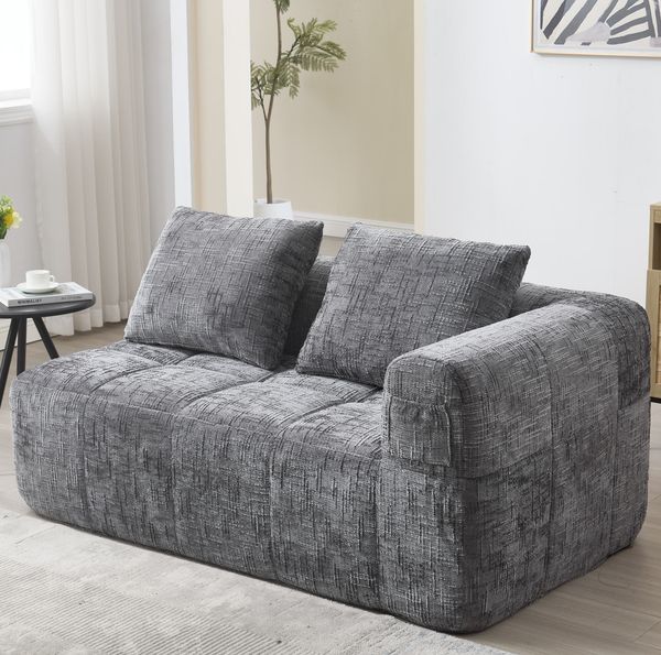 2-Sitzer Sofa aus Chenille mit Seitentaschen & Kissen, 158 x 90 x 60 cm, Grau