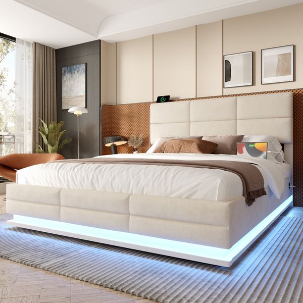 Boxspringbett Samt Beige Höhenverstellbar mit LED Beleuchtung USB Anschluss Hydraulik Stauraum Kopfteil Doppelbett
