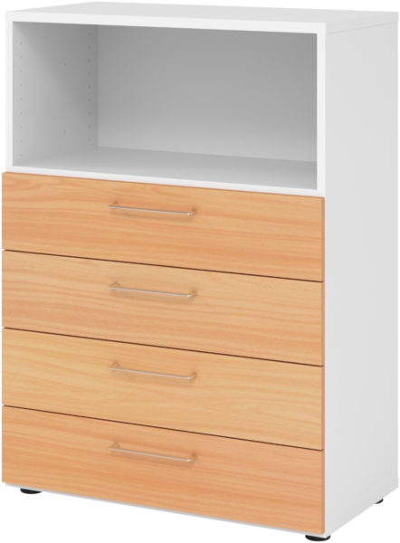 bümö smart Schubladenschrank, Büroschrank 80cm breit in Weiß/Buche mit 4 Schüben & 1 Regalfach - Bürocontainer aus Holz, Container mit Metallgriffen & Soft-Stop Schubladen, 938S4-W-6-BS