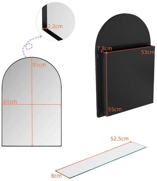 Celya Badezimmerspiegelschrank Hängeschrank mit Metallrahmen, Einbau-Medizinschrank, Verstellbar (Wandschrank mit Metallrahmen, Spiegel und verstellbaren Einlegeböden) Stilvoller gewölbter Spiegelschrank, eingelassener Medizinschrank