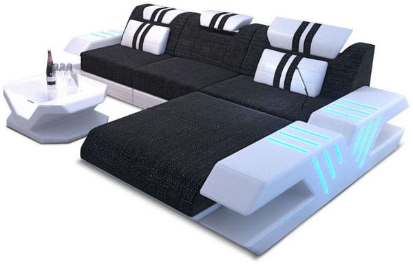 Stoff Sofa Venedig L-Form mit LED - Strukturstoff - Schwarzgrau-Weiß - Rechts