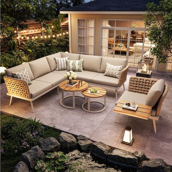 Merax Gartenlounge-Set L-förmiges Gartensofa-Set aus Eisen, (1-tlg, Outdoor Lounge Für Terrasse Und Balkon), 6-Sitzer Gartenmöbel mit 2 Couchtische, Sessel, Gartensofa