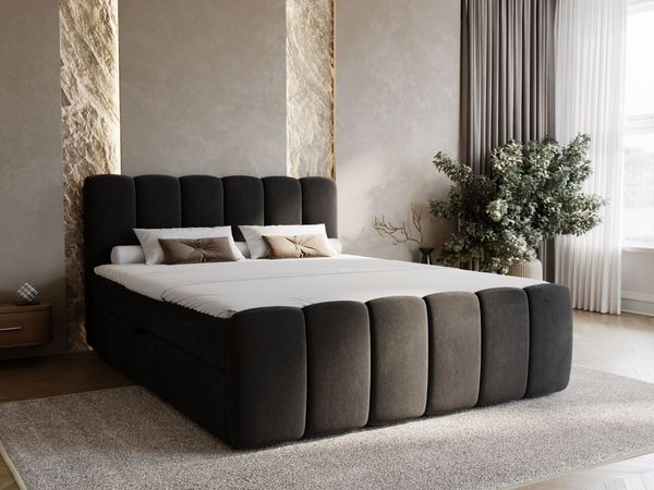 GRAINGOLD Cloud Boxspringbett 160x200, Bett mit Bettkasten, Velour-Stoff, mit Kopfteil, Schwarz