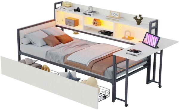 Merax Einzelbett, Daybett, Eisen Sofabett 90 x 200 cm, mit LED-Beleuchtung und Stauraum, mit Schubladen und multifunktionaler Steckdose, ausklappbarem Schreibtisch, Weiß Bild 10