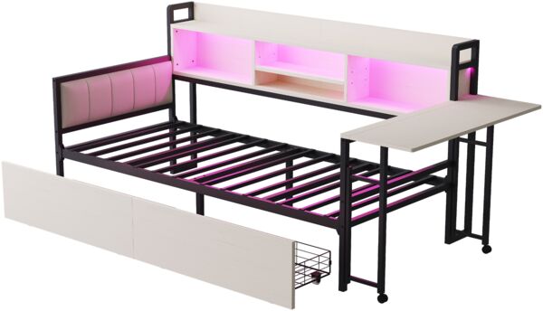 Merax Einzelbett, Daybett, Eisen Sofabett 90 x 200 cm, mit LED-Beleuchtung und Stauraum, mit Schubladen und multifunktionaler Steckdose, ausklappbarem Schreibtisch, Weiß Bild 9