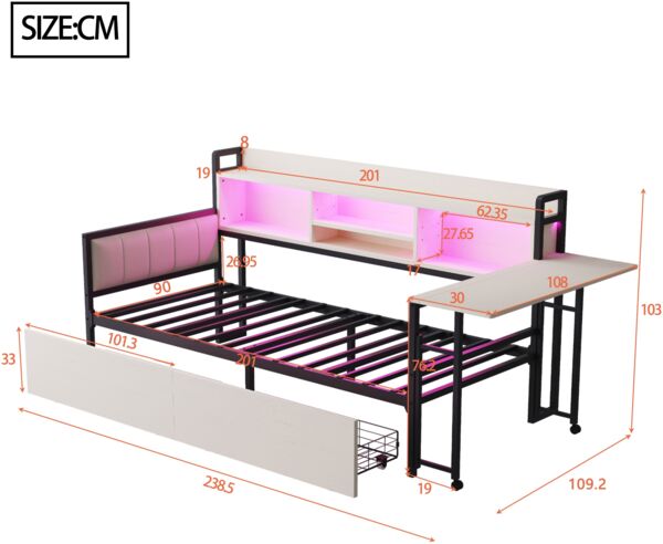 Merax Einzelbett, Daybett, Eisen Sofabett 90 x 200 cm, mit LED-Beleuchtung und Stauraum, mit Schubladen und multifunktionaler Steckdose, ausklappbarem Schreibtisch, Weiß Bild 4