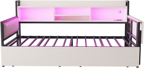 Merax Einzelbett, Daybett, Eisen Sofabett 90 x 200 cm, mit LED-Beleuchtung und Stauraum, mit Schubladen und multifunktionaler Steckdose, ausklappbarem Schreibtisch, Weiß Bild 8