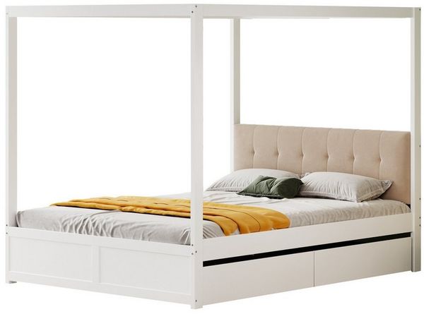 BlingBin Himmelbett Jugendbett Doppelbett Massivholzbett mit Schubladen und Rückenlehne (1er Set, 1-tlg, 140*200 cm, Ohne Matratze, Gewichtskapazität: 200KG), Holzbett aus Metall, Sperholz und MDF für Schlafzimmer, Weiß