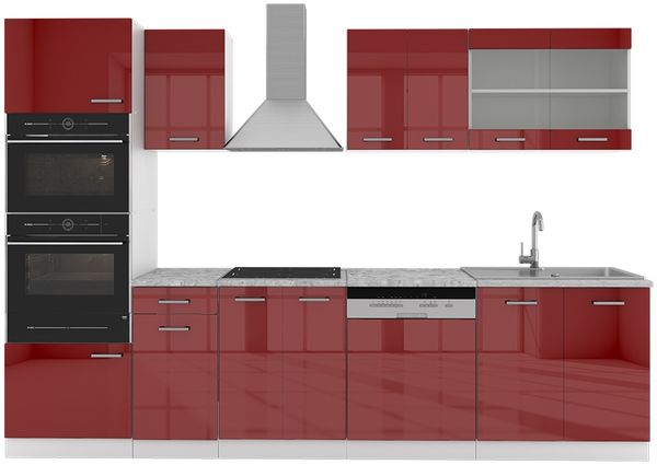 Küchenzeile R-Line Rot Hochglanz/Weiß 300 cm mit Hochschrank, ohne Arbeitsplatte Vicco