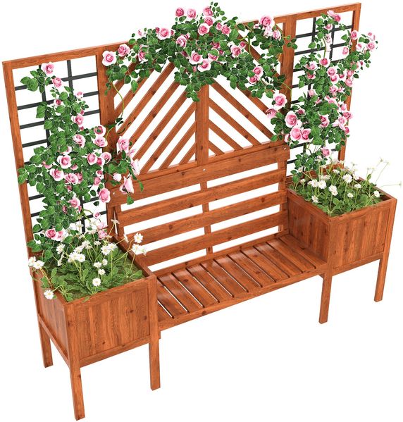 Merax Pflanzgefäß mit Spalier als Rankhilfe, Blumenkübel mit viel Platz, Blumenkasten Pflanzenkasten, Braun Massivholz Tanne, Pflanzkübel mit Spalier und Sitz für Garten Hof Terrasse, Dunkelbraun Bild 10