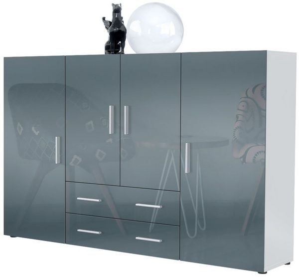 Highboard Nora Anrichte mit 2 Schubladen und 4 Türen mit insgesamt 8 Fächer dahinter, Weiß matt/Grau Hochglanz (166,5 x 106,5 x 35 cm)