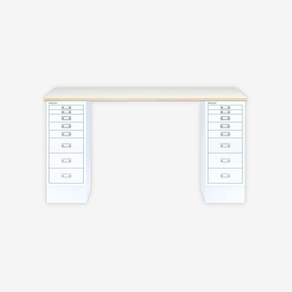 MultiDesk, 2 MultiDrawer mit 8 Schüben, Dekor Plywood, Farbe Verkehrsweiß, Maße: H 740 x B 1400 x T 600 mm