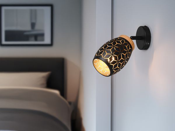 Wandstrahler BIDAR Schwarz Gold mit Schalter & Stanzmuster, Breite 12cm