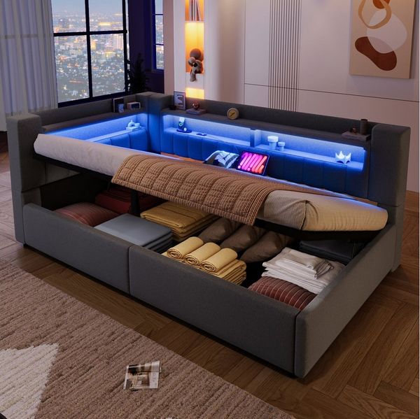 Flieks Polsterbett, Hydraulisches Daybett 90x200 cm mit Ladefunktion und LED-Beleuchtung