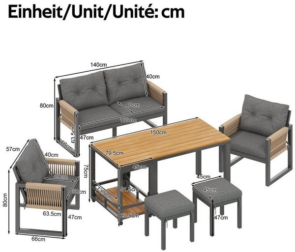 Celya Gartenlounge-Set Freizeit- und Besprechungsset für mehrere Personen, Eisengestell, (Multifunktionaler Tisch), Eisengestell, Inklusive Sitzkissen, Geflochtene Armlehnen