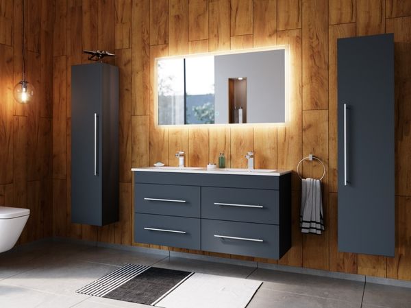 Badmöbelset Helios 4-teilig LED Spiegel 2x Hochschrank grafit : Grafit