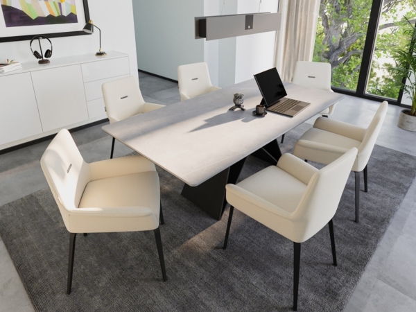 Esstisch Set COMODI 200 graue Keramikplatte mit 6 Stühlen Leinenbezug beige : Grau