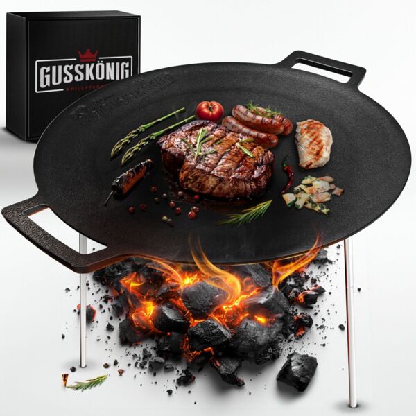 Feuerplatte 45 cm aus Gusseisen – mit abnehmbaren, 3-fach verstellbaren Füßen, massive Grillplatte für Feuerstelle, Plancha & Outdoor
