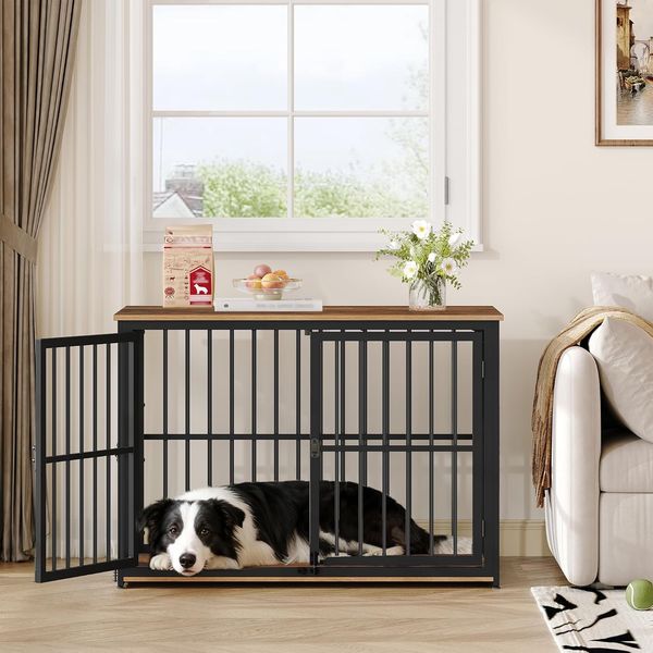 Hundekäfig Möbel, 100cm Hundebox für Zuhause mit 3 Türen, 100x60x70cm, Hundebox Holz Indoor, Beistelltisch, Hundekäfig Hochbelastbar, für Mittelgroße bis Große Hunde, Vintagebraun & Schwarz