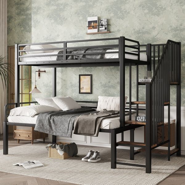 Etagenbett 90/120×200 cm mit Rausfallschutz und Eckleiter-Schrank, Schwarz, ohne Matratze