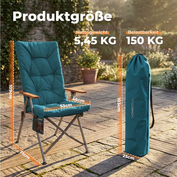 HOMECALL Campingstuhl Faltbar Hochlehner Luxus Klappstuhl mit 4,5cm Dicke Gepolstert (150kg Belastbar mit 4 Positionen Verstellbar Angelstuhl, 2 St), für Garten Balkon Wohnmobil