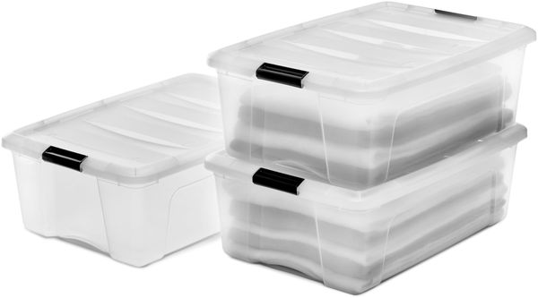 Iris Ohyama, Aufbewahrungsbox aus Kunststoff, 30 L, Büro-Aufbewahrungsbox, 3er-Set, DDNTB-30, Transparent, Stapelbar, Verschlussclips, B58 x T39,5 x H21 cm