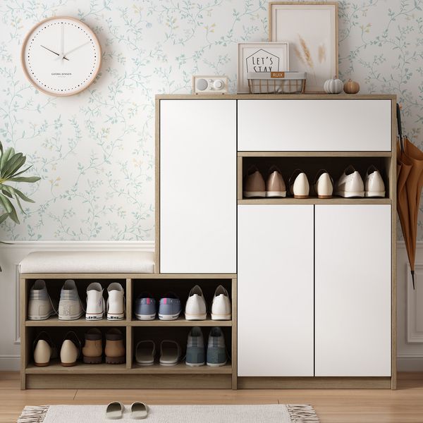 Schuhschrank mit Sitzkissen & verstellbaren Einlegeböden, 140 x 35 x 110 cm, Weiß