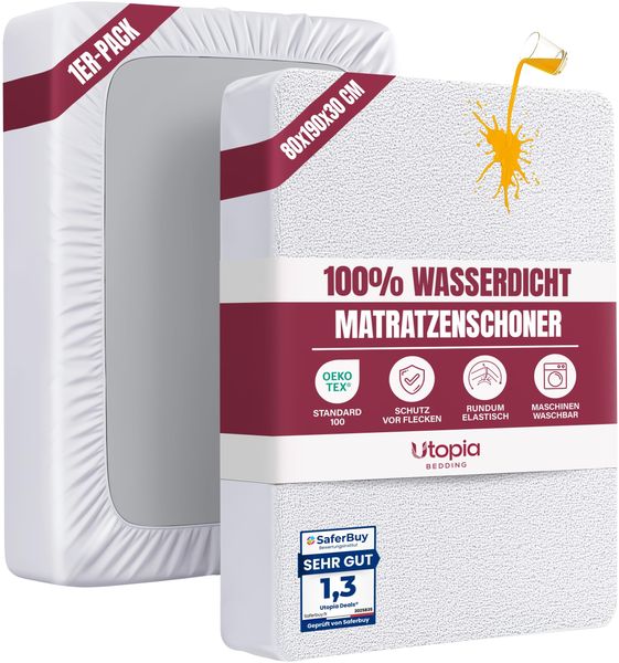 Utopia Bedding Matratzenschoner 80 x 190 x 30 cm Wasserdicht, Oeko-TEX Zertifiziert Matratzenauflage Atmungsaktive, Matratzenschutz, Rundum Elastisch Weiß