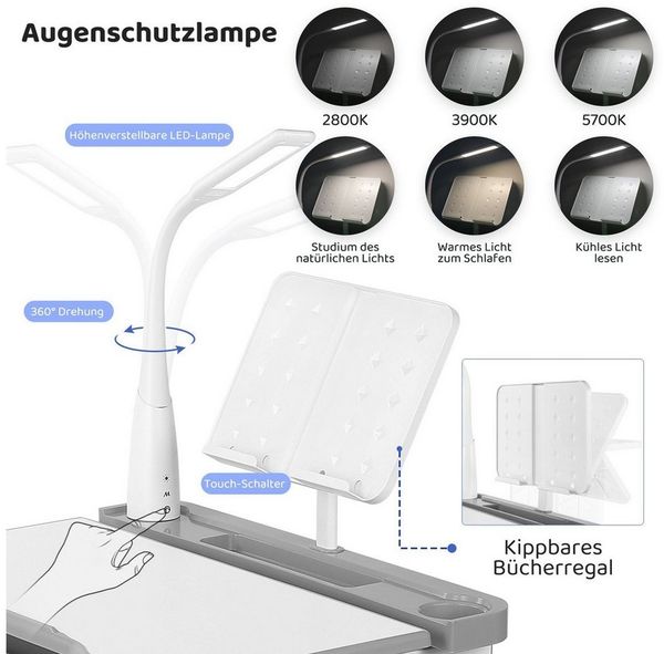 TLGREEN Kinderschreibtisch Höhenverstellbar 54 und 76 cm, mit Lampe und neigbarer Tischplatte,Schreibtisch Kinder