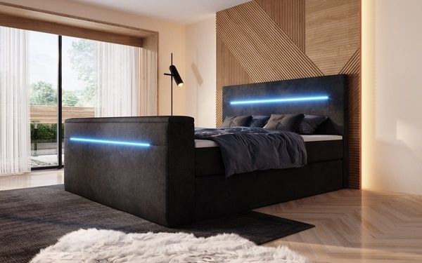 Luxusbetten24 Boxspringbett Sejour, mit TV-Lift, RGB-Beleuchtung und Stauraum
