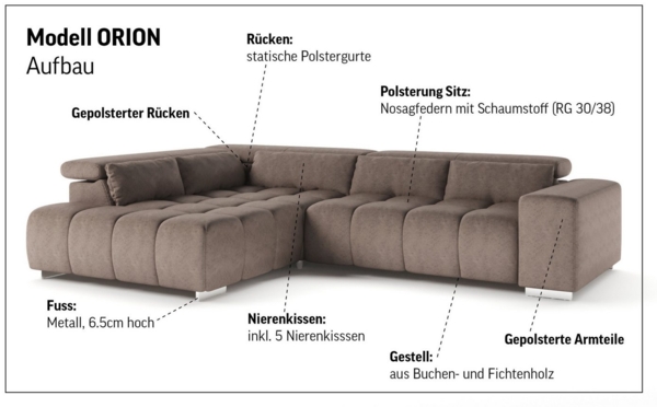 COTTA Ecksofa Orion L-Form, mit Ottomane, inklusive verstellbarer Kopfstützen und 5 Nierenkissen Bild 3