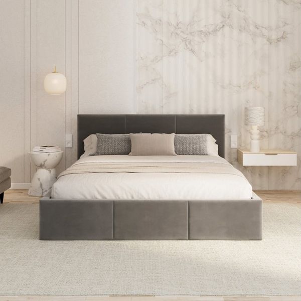 FDM Polsterbett AMBER modern mit Bettkasten MADE IN EU - mit Trinity Velours Bezug (verfügbar 90x200 120x200 140x200 160x200 180x200cm, Bettrahmen, Bett, mit großen gepolsterten Kopfteil, mit Bettkasten zum aufklappen), Hebbarer Metallrahmen, Bettkaste...