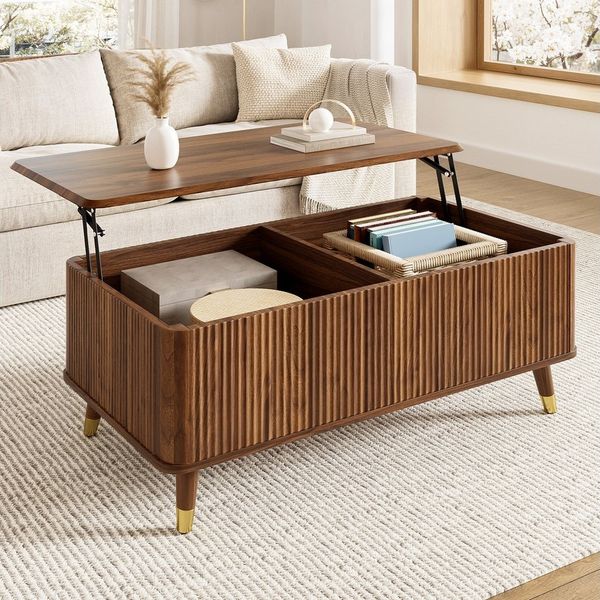 REDOM Couchtisch Modern Retro, Walnuss-Optik, Wellenstruktur 97 x 56,5 x 52 cm (Packung, 1-St, Höhenverstellbare Tischplatte, große Stauraum), Holzbeine, multifunktionaler Wohnzimmertisch