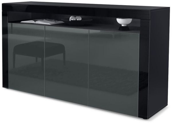 Vladon Sideboard Valencia, Kommode mit 3 Türen und 1 offenem Fach, Schwarz matt/Grau Hochglanz/Schwarz Hochglanz (155 x 92 x 40 cm)