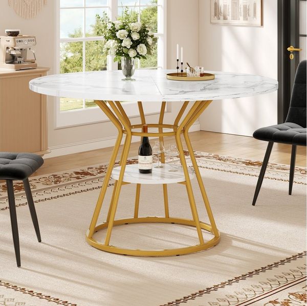 Flieks Esstisch runder Tisch mit Ablagen Marmoroptik (100x76 cm, 1-St, 1 Tisch), Küchentisch mit Stauraum, Metallbeine mit verstellbaren Fußstützen