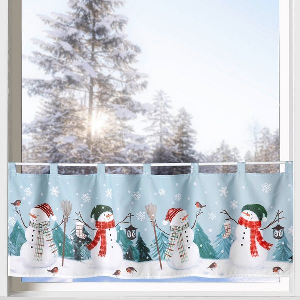 heimtexland Scheibengardine Weihnachten Deko Gardine Bistro Weihnachtsgardine (1 St), Schlaufen, blickdicht, Satin, 45x120 cm I Fensterdeko Winter Advent I Schneemann petrol